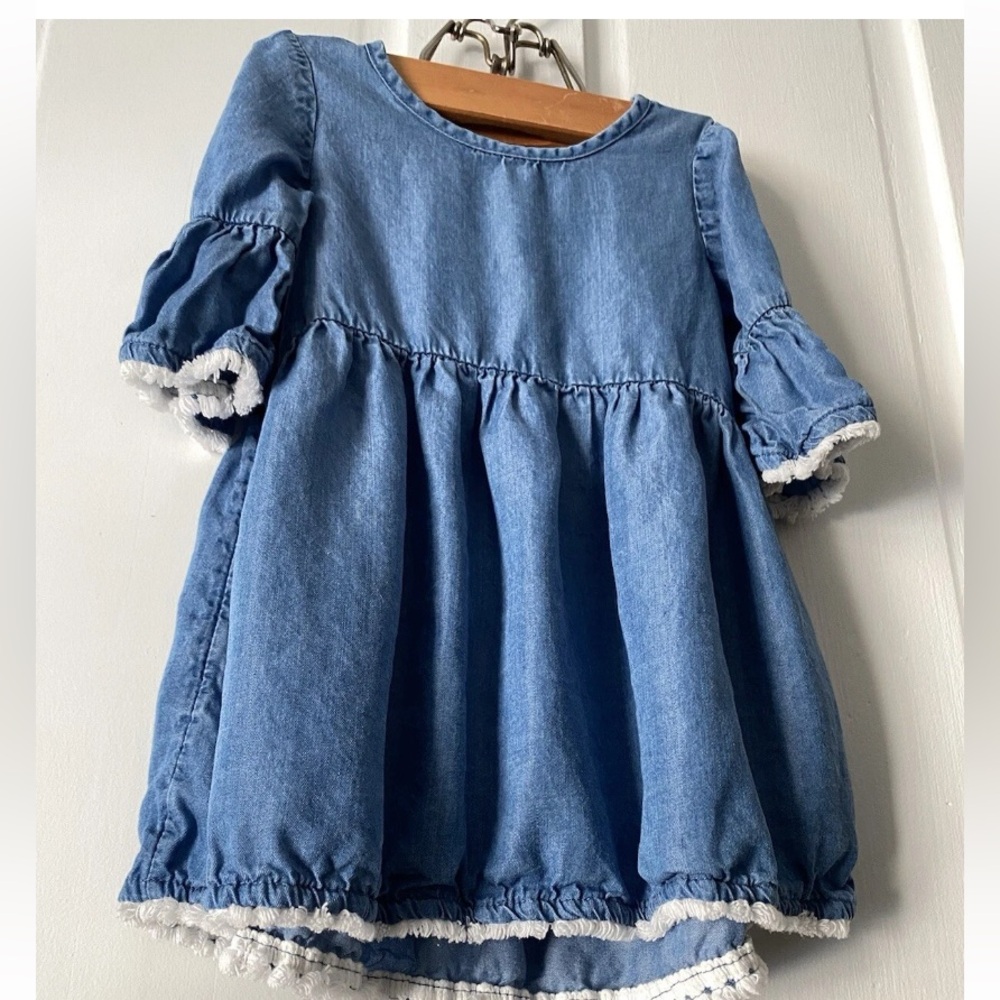 Toddler Chambray Denim Dress Lace Trim Bell Sleeves Prairie Style